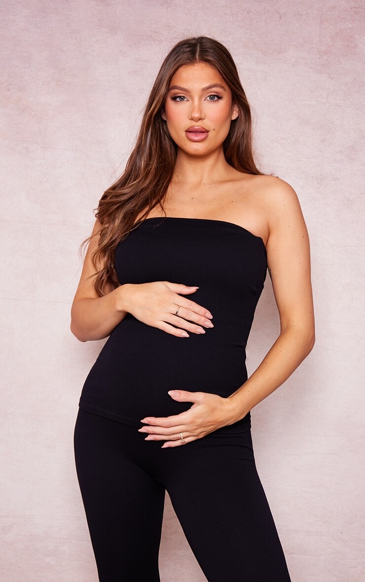 

PrettyLittleThing Черный топ-бандо в рубчик для беременных
