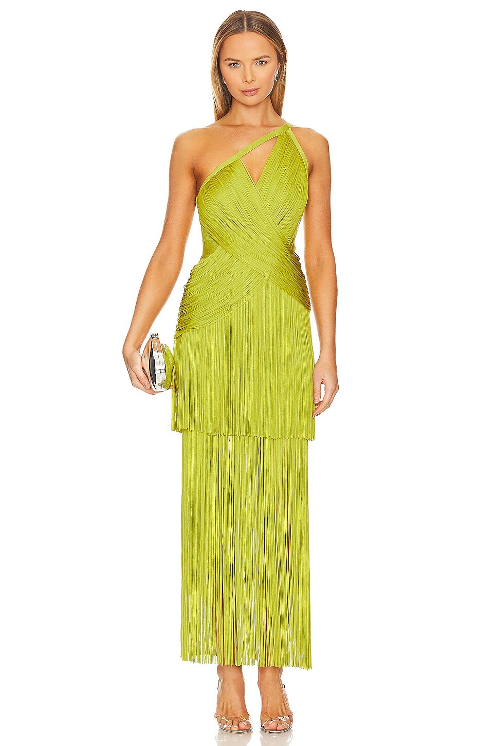 

Платье Herve Leger Fringe One Shoulder Gown, лаймовый