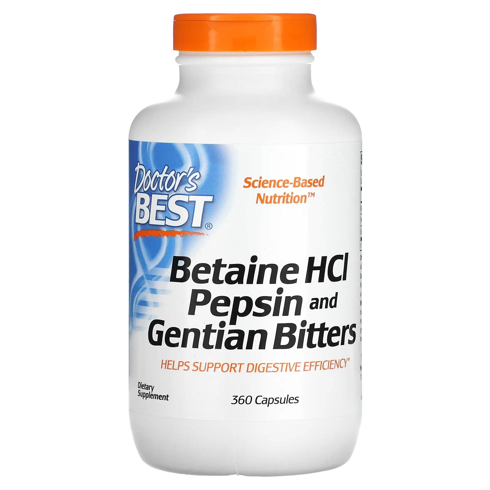 цена Doctor's Best Горькая настойка из бетаина гидрохлорида пепсина и генцианы (Betaine HCl Pepsin & Gentian Bitters) 360 капсул