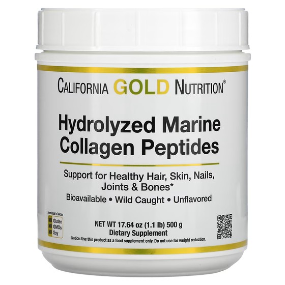 цена Пищевая добавка California Gold Nutrition Гидролизованные пептиды морского коллагена без вкуса, 500г