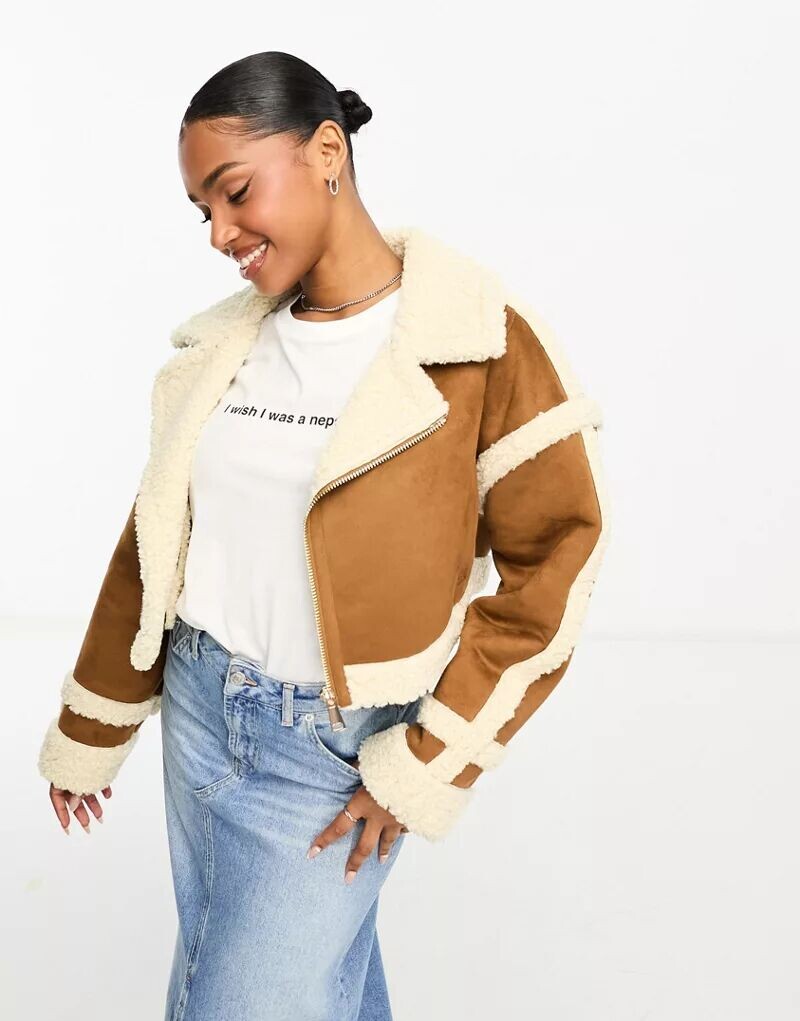 

Короткая куртка-пилот Miss Selfridge из искусственной замши светло-коричневого цвета с отделкой из плюшевого меха, Коричневый