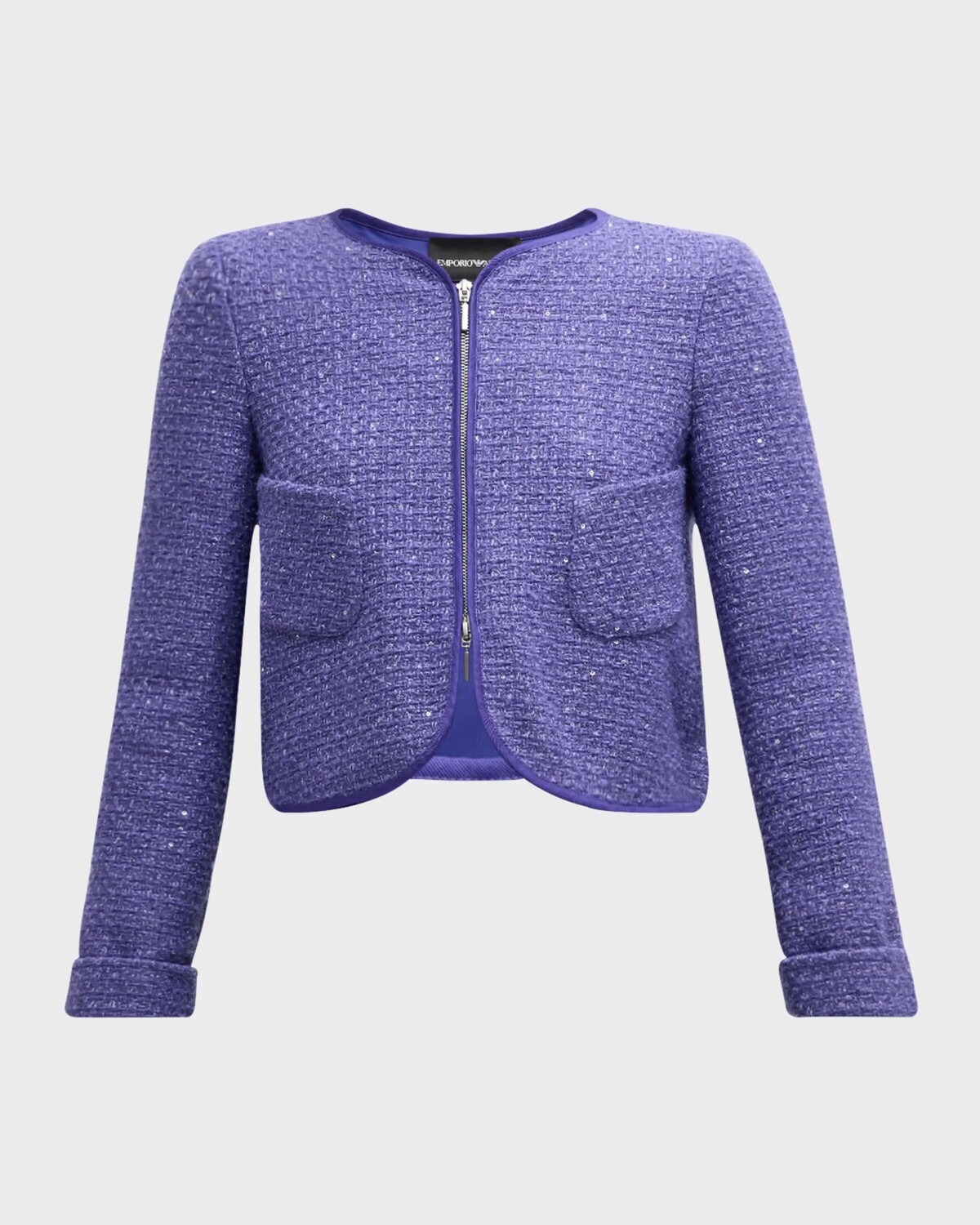 

Укороченный твидовый жакет на молнии с пайетками спереди Emporio Armani, цвет Solid Medium Purple