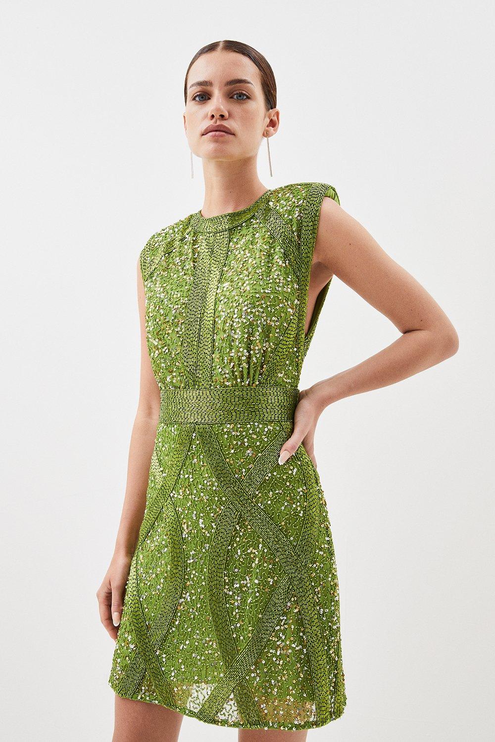 Миниатюрное тканое мини-платье с сильными плечами и кристаллами Karen Millen, зеленый платье трансформер i am studio вискоза полуприлегающее мини открытая спина размер s черный