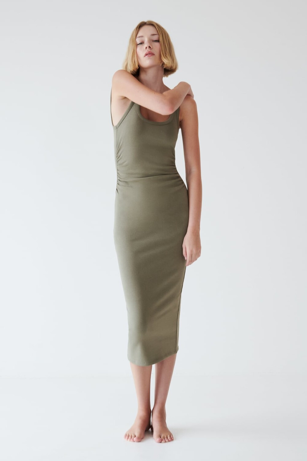 

Платье миди в рубчатку ZARA, хаки