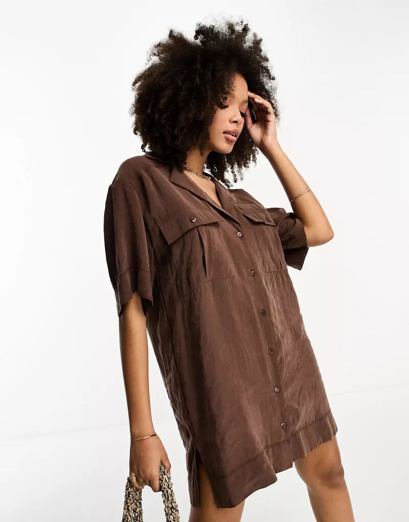 Шоколадно-коричневое платье-рубашка с практичным карманом ASOS