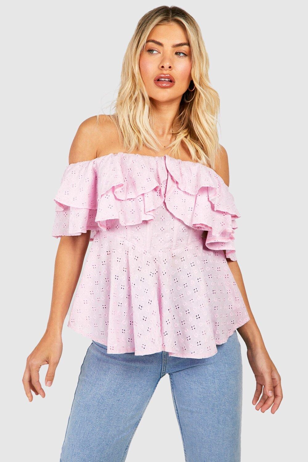 

Корсетовый топ с оборками на плечах с люшками Boohoo, сиреневый