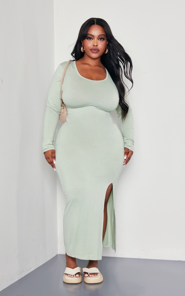 

PrettyLittleThing Зеленое трикотажное платье миди с разрезом и длинными рукавами Plus Sage Green