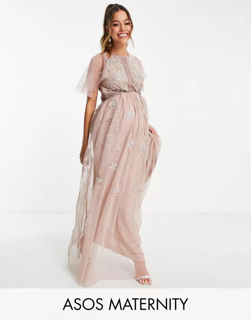 Розовое платье макси для подружек невесты ASOS DESIGN Maternity с цветочной вышивкой и жемчугом