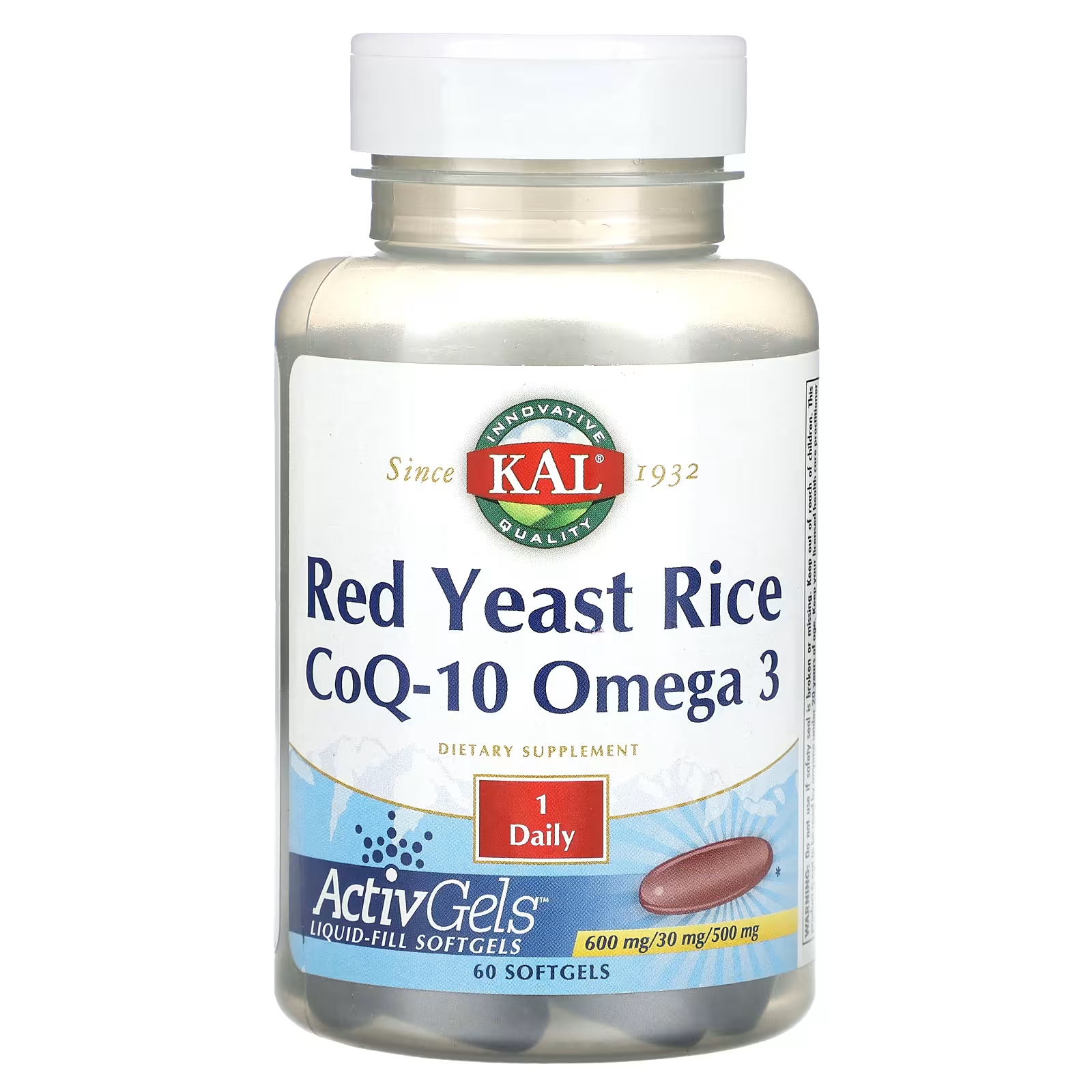 Красный дрожжевой рис Kal CoQ-10 Омега-3, 60 мягких таблеток бады тонизирующие и общеукрепляющие доппельгерц омега 3 q10 капсулы 1625 мг