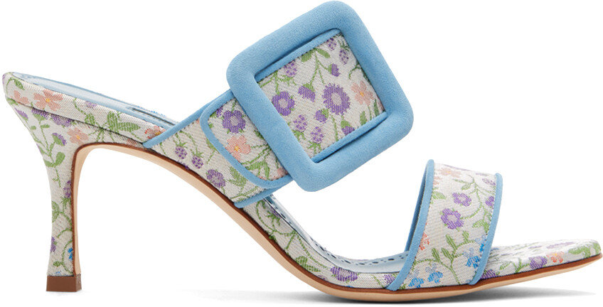

Сине-белые босоножки на щипцовом каблуке Manolo Blahnik
