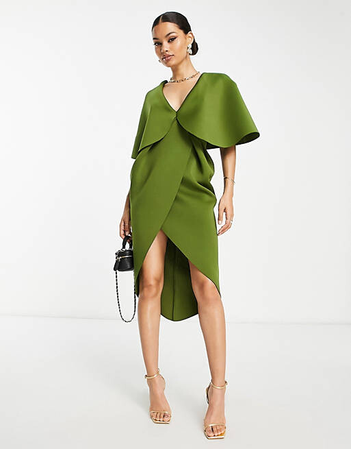 

Оливковое платье миди с запахом и складками ASOS DESIGN Petite