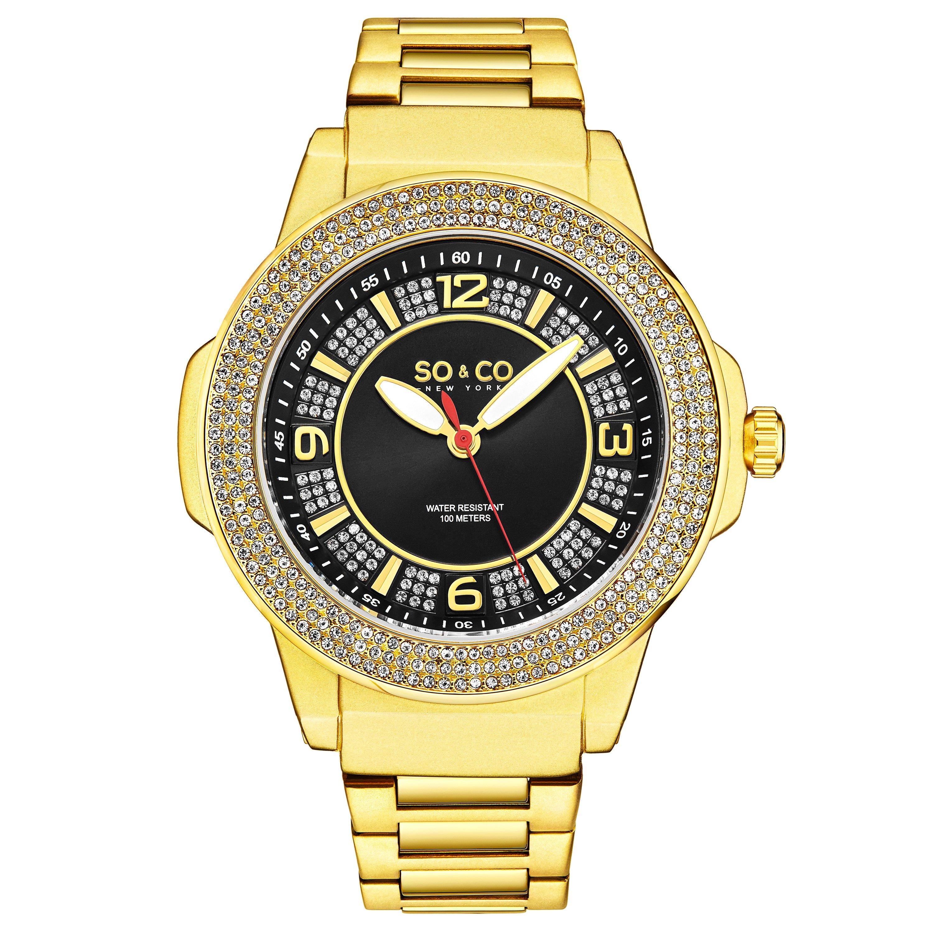 Кварцевые часы Madison 5565, диаметр 48 мм, с безелем, усыпанным кристаллами, и серебряным циферблатом SO&CO, золото