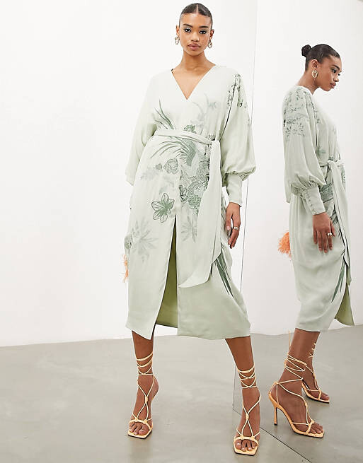 

Атласное платье миди с v-образным вырезом и вышивкой феникса ASOS EDITION