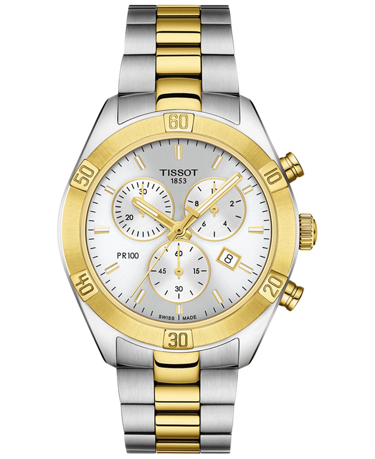 цена Женские швейцарские часы с хронографом T-Classic PR 100, двухцветное PVD-браслет из нержавеющей стали, 38 мм Tissot