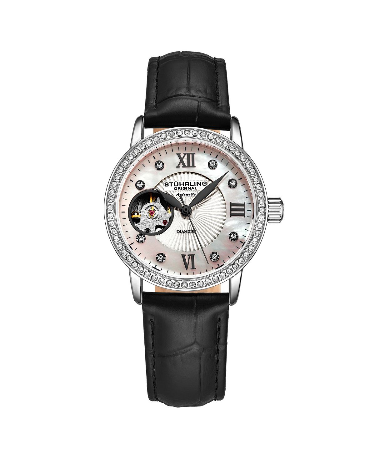 цена Женские часы с черным кожаным ремешком 34 мм Stuhrling, черный