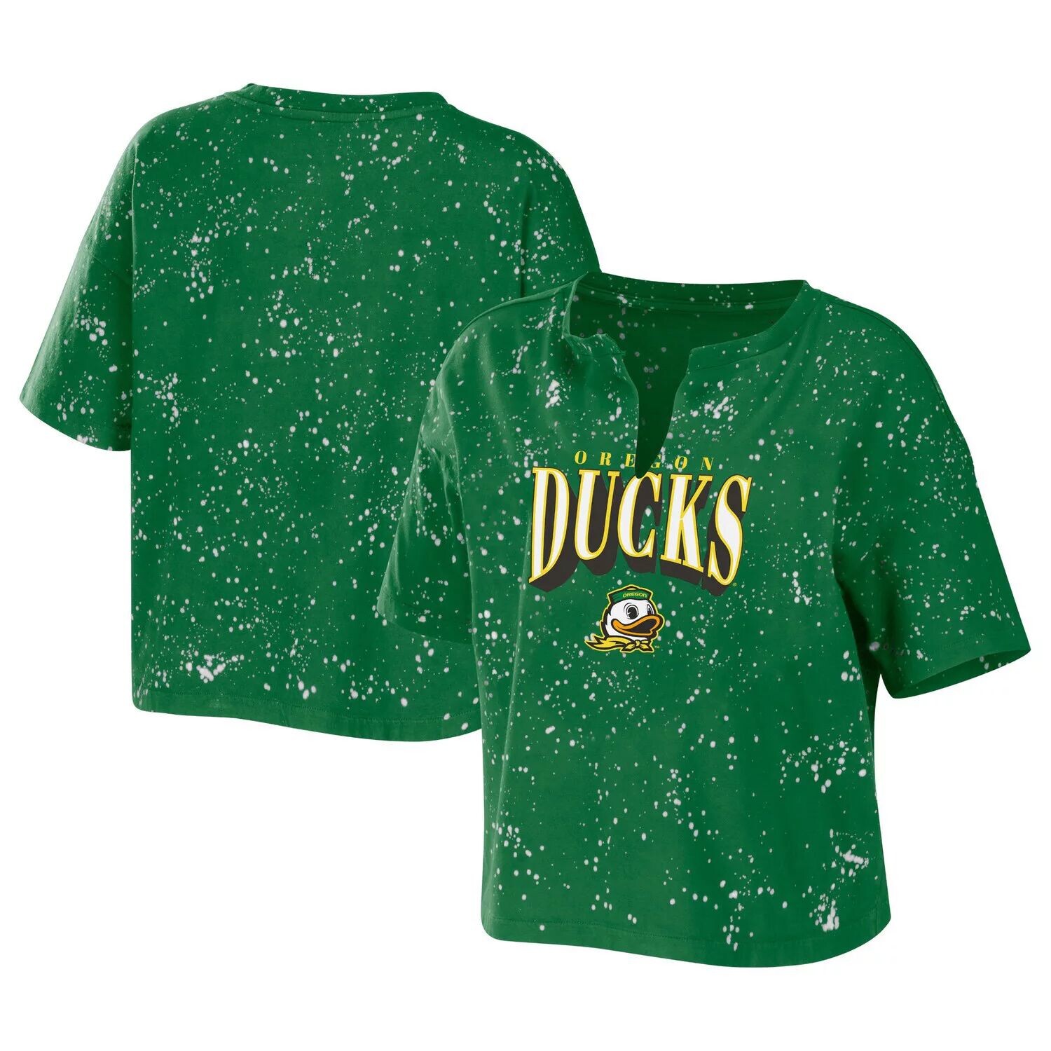 

Женская футболка Erin Andrews Green Oregon Ducks Bleach Wash Splatter Notch Neck