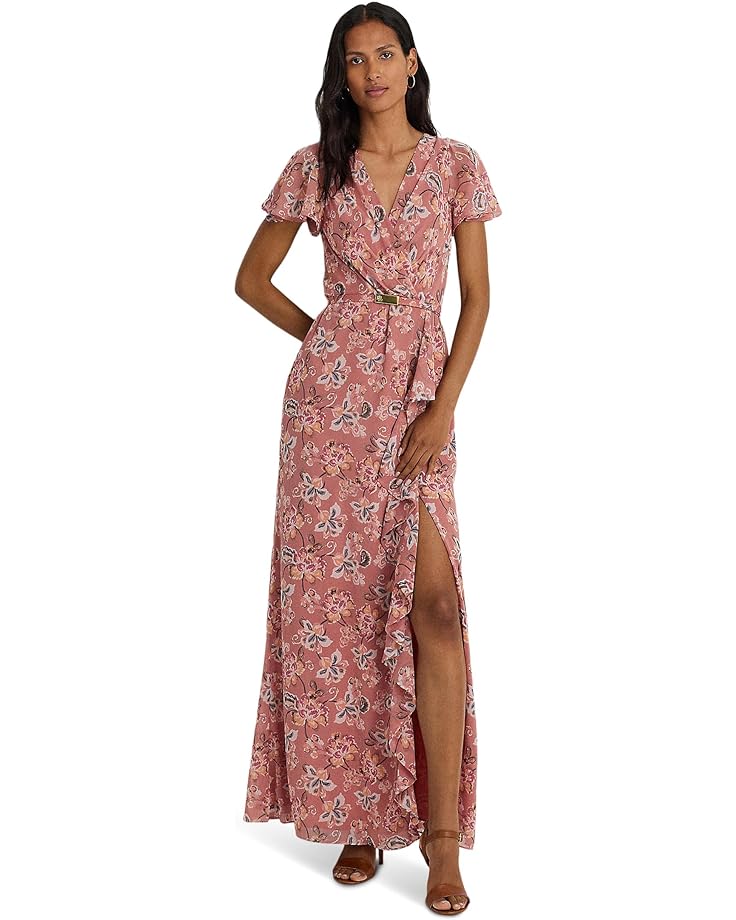 Платье LAUREN Ralph Lauren Floral Belted Flutter-Sleeve Gown, розовый платье lauren ralph lauren crepe long sleeve gown черный