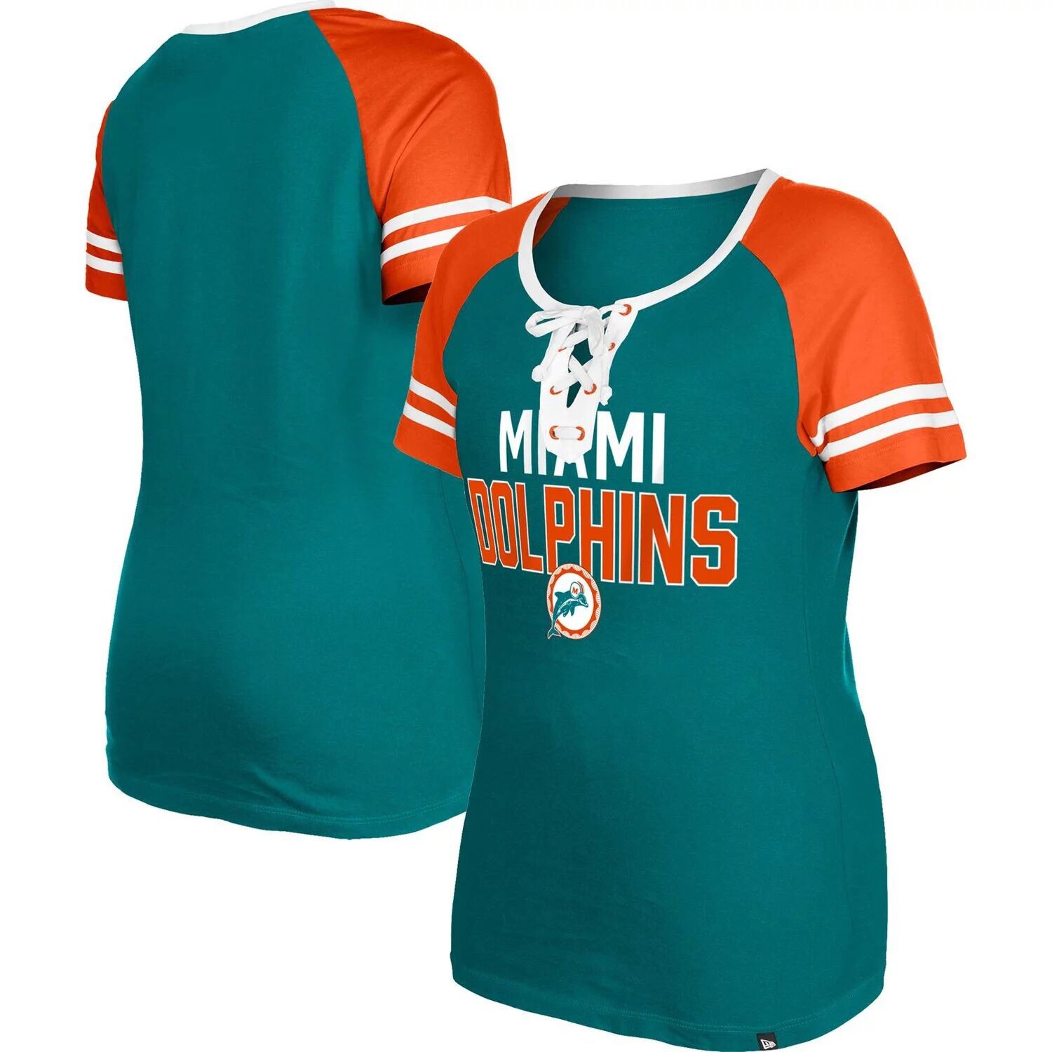 

Женская футболка New Era Aqua Miami Dolphins Throwback реглан на шнуровке New Era