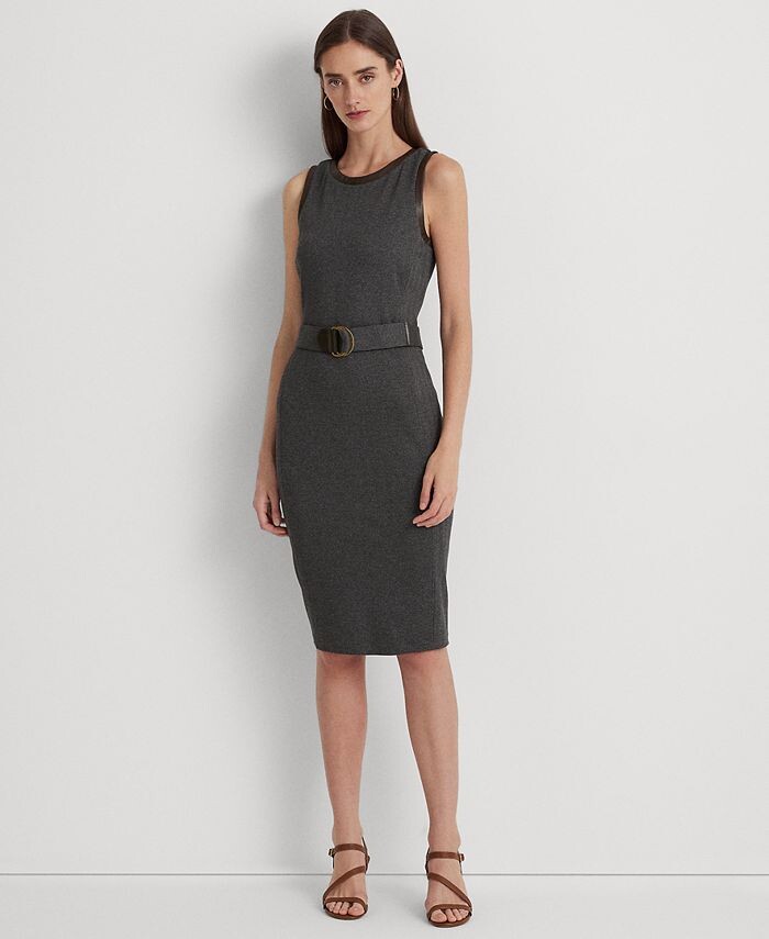 

Женское жаккардовое платье с отделкой из искусственной кожи и поясом Lauren Ralph Lauren, серый