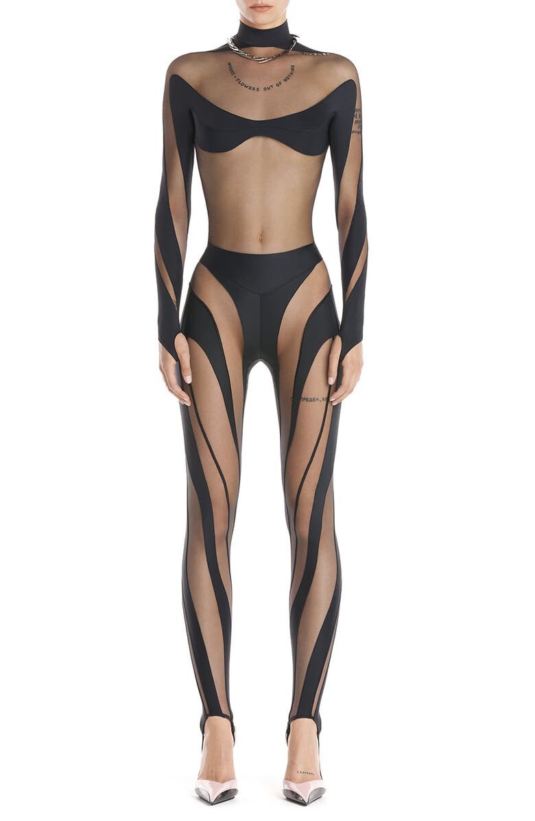 

Боди Illusion с длинными рукавами и вставками MUGLER, черный