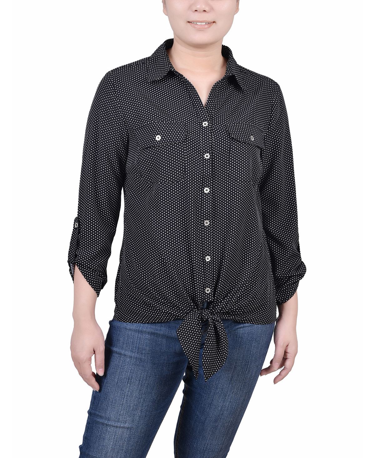 Блуза Petite с длинными рукавами-роллерами и завязкой спереди NY Collection