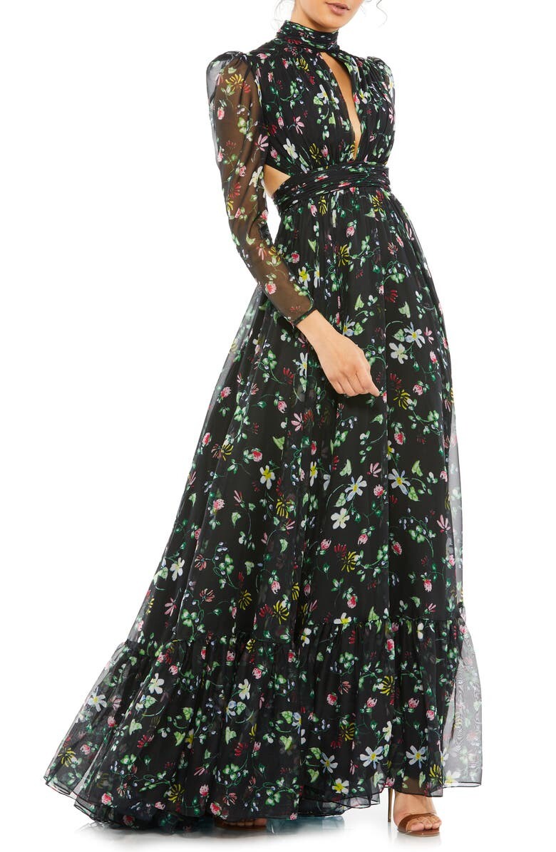 

Цветочное шифоновое платье с вырезом и длинными рукавами MAC DUGGAL
