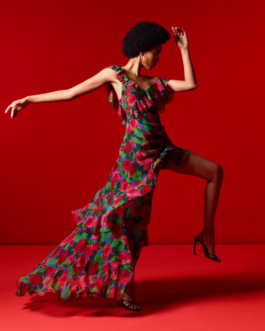 

Платье на одно плечо с цветочным принтом и рюшами Carolina Herrera