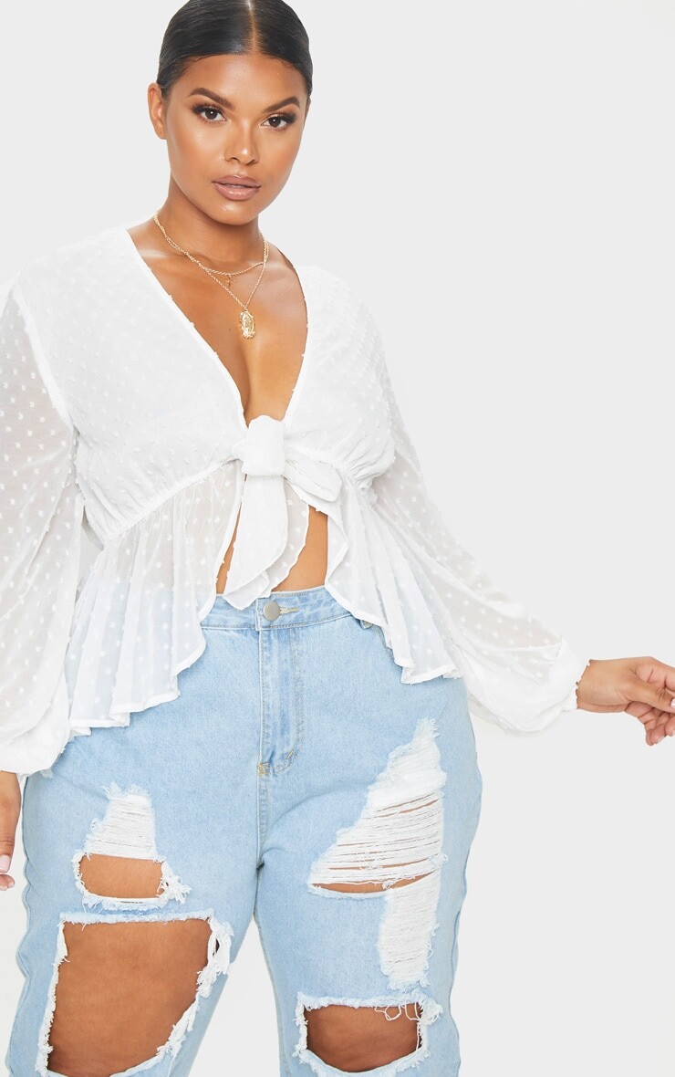 

PrettyLittleThing Белая блузка Plus с сетчатой ​​завязкой спереди