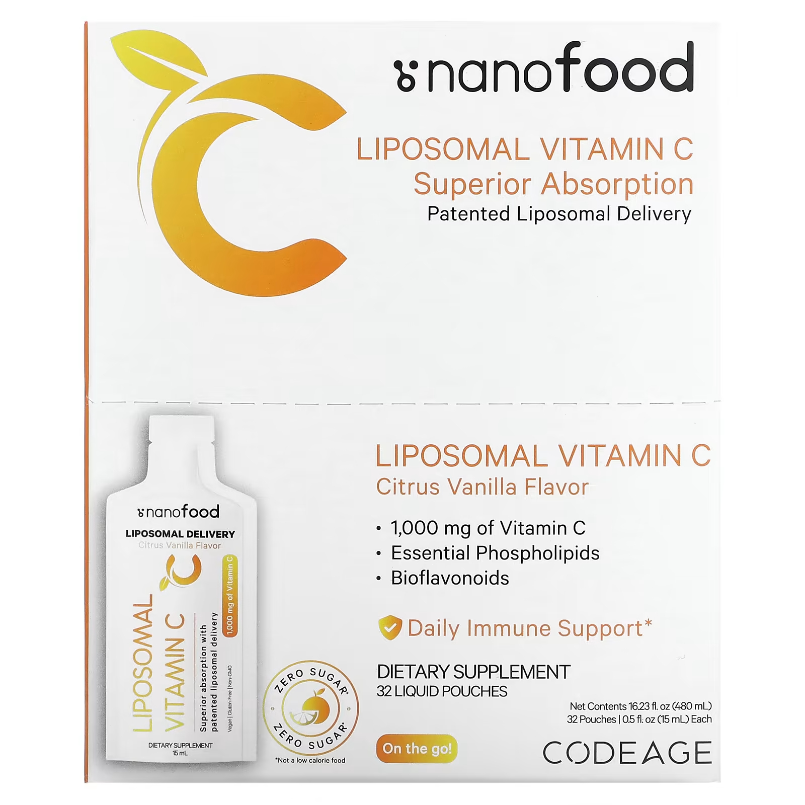 Codeage Липосомальный витамин С с цитрусовыми и ванилью 1000 мг 32 пакетика по 0,5 жидкой унции (15 мл) каждый