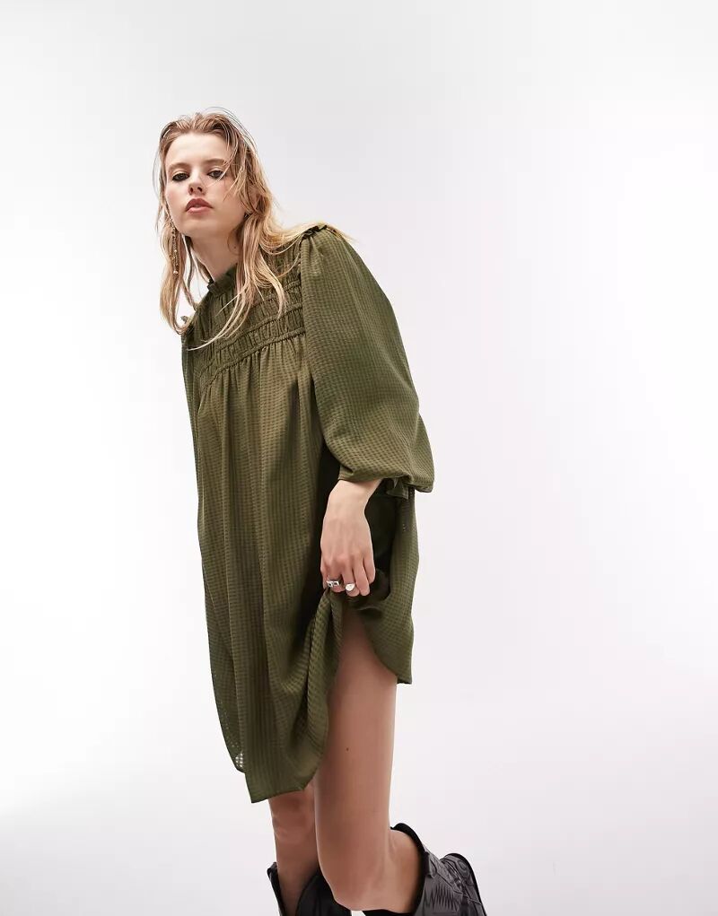 Платье мини из фактурной ткани цвета хаки Topshop цена и фото