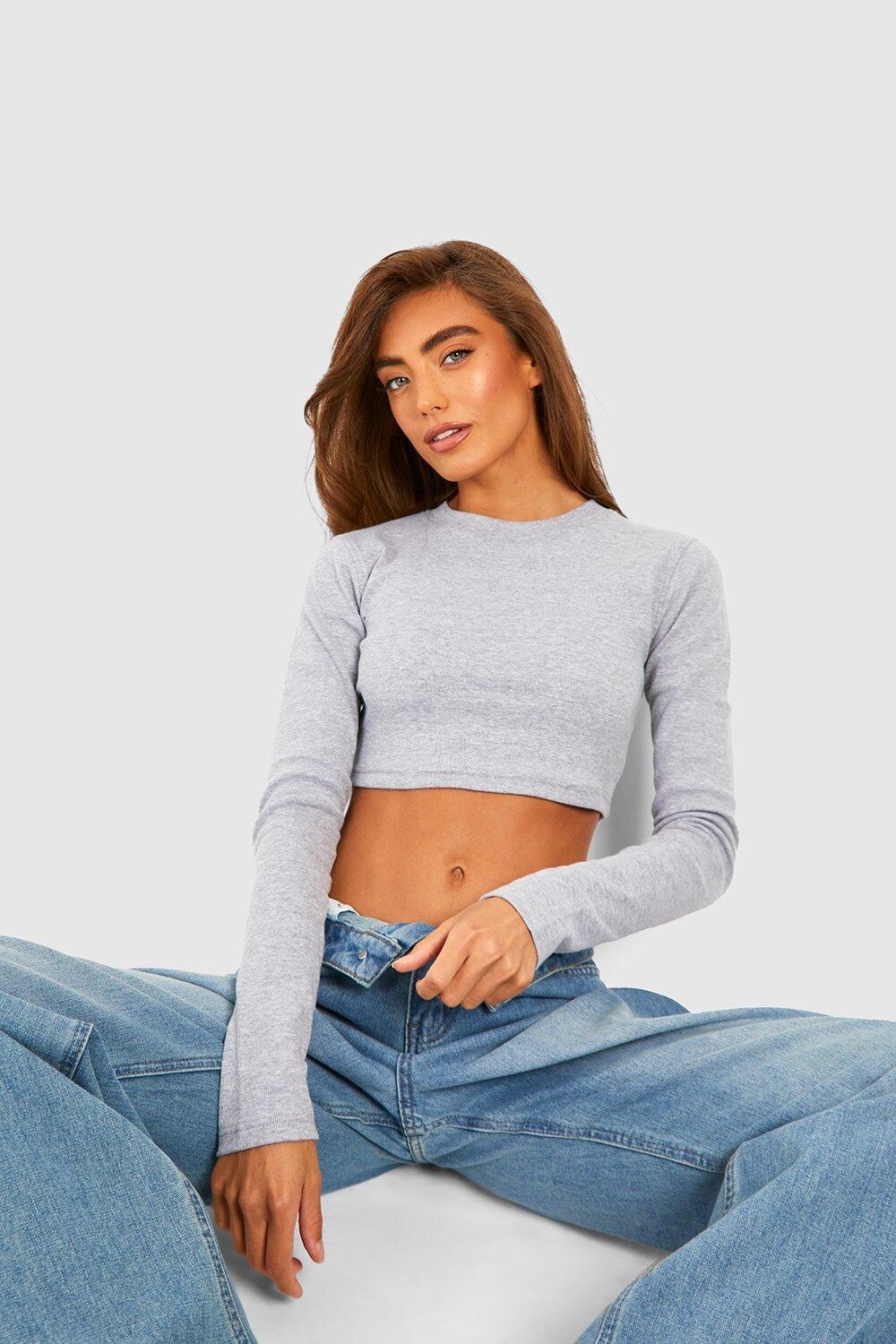 

Укороченный топ basic с круглым вырезом и длинными рукавами Boohoo, серый