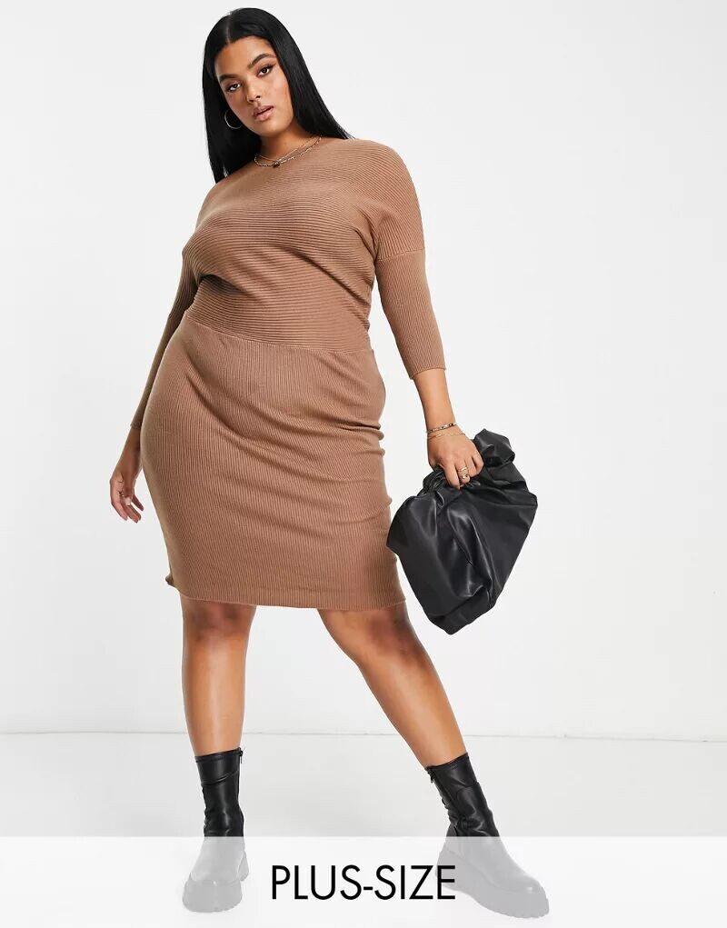 

Бежевое трикотажное платье миди с открытыми плечами River Island