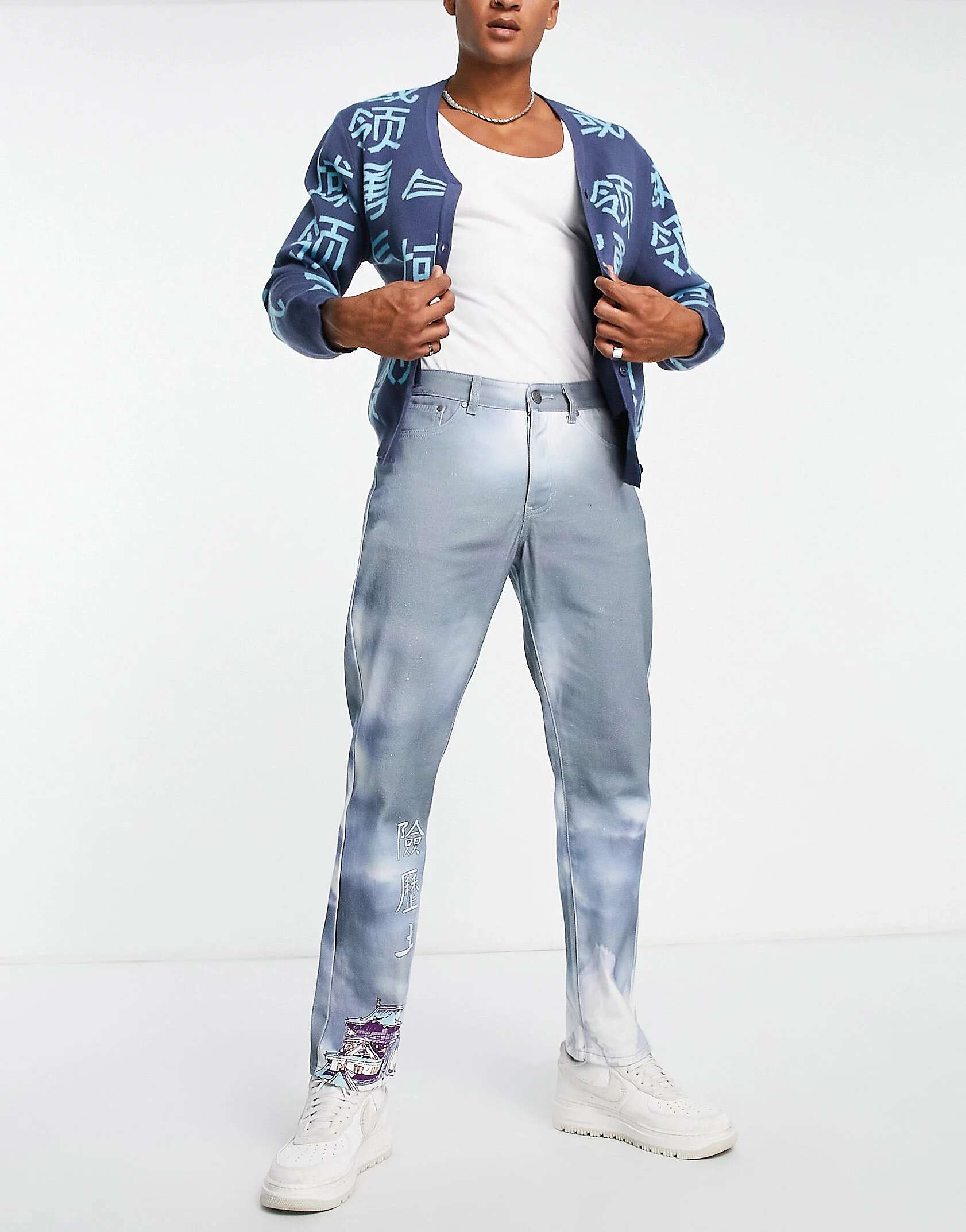 Синие прямые джинсы Liquor N Poker с пейзажным принтом бумажный двубортный пиджак большого размера liquor n poker с коричневым принтом дракона