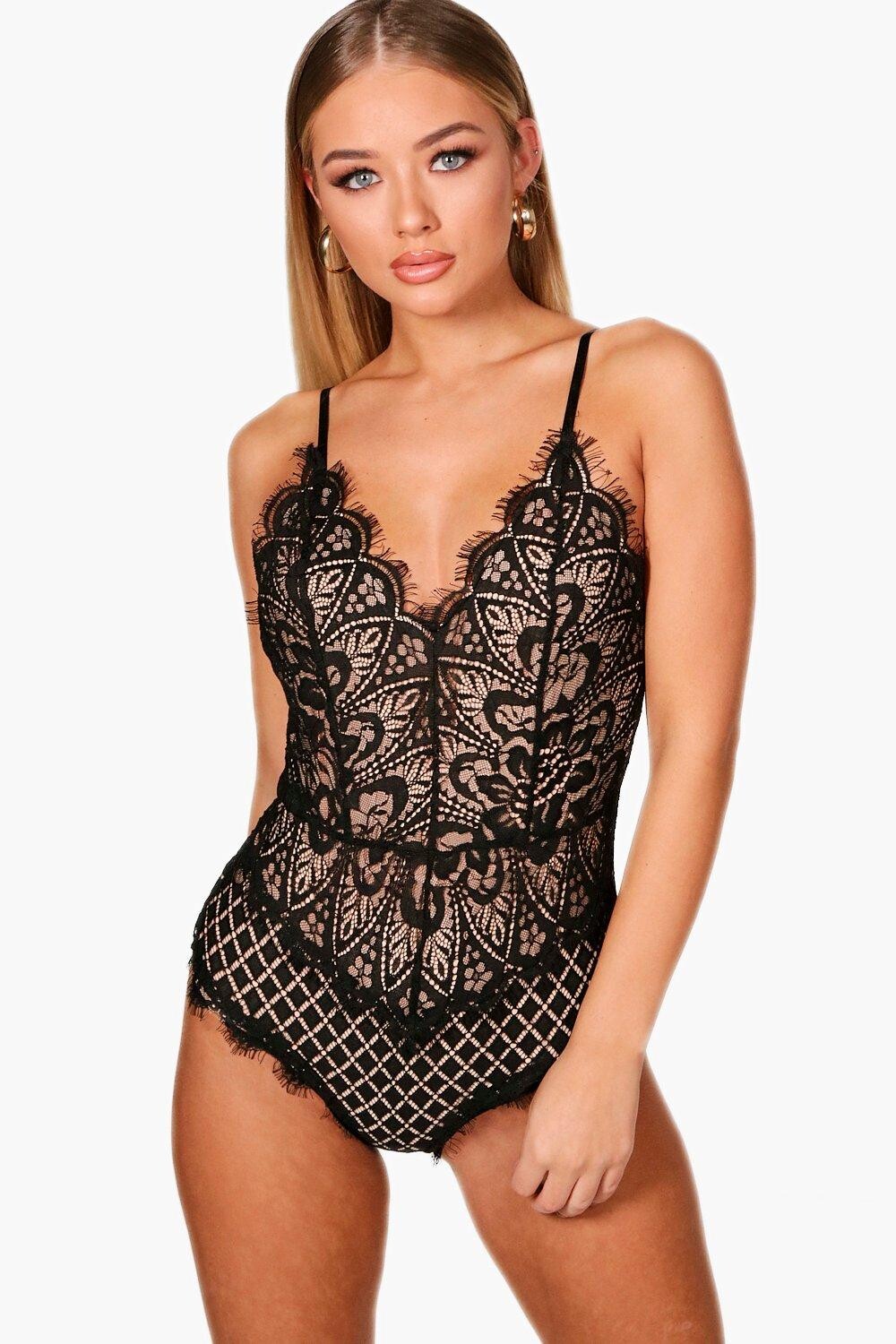 

Кружевное боди с ресницами Boohoo, черный