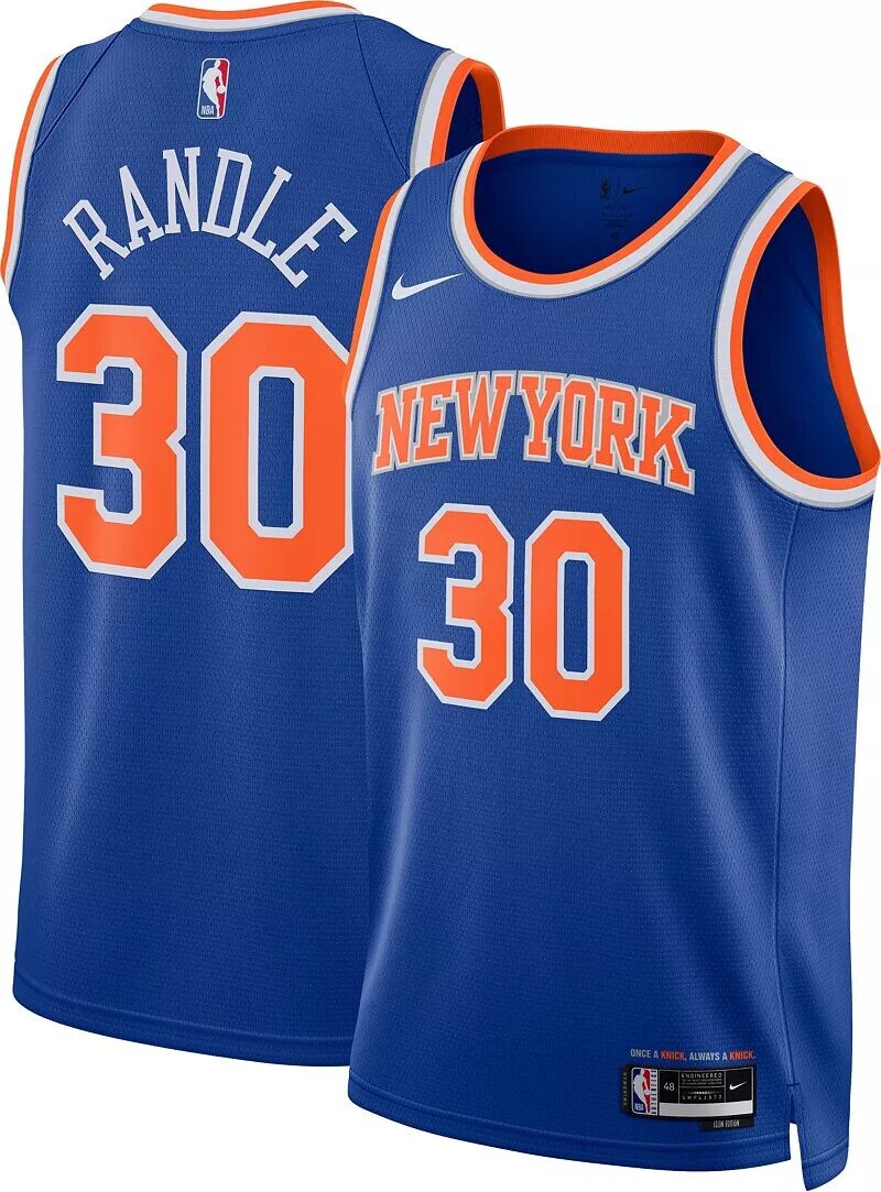 Мужская синяя майка Nike New York Knicks Julius Randle #30 Dri-FIT Swingman 2021 news men s america basketball jersey new york rj barrett julius randle ewing knicks embroidery with team logo t shirt