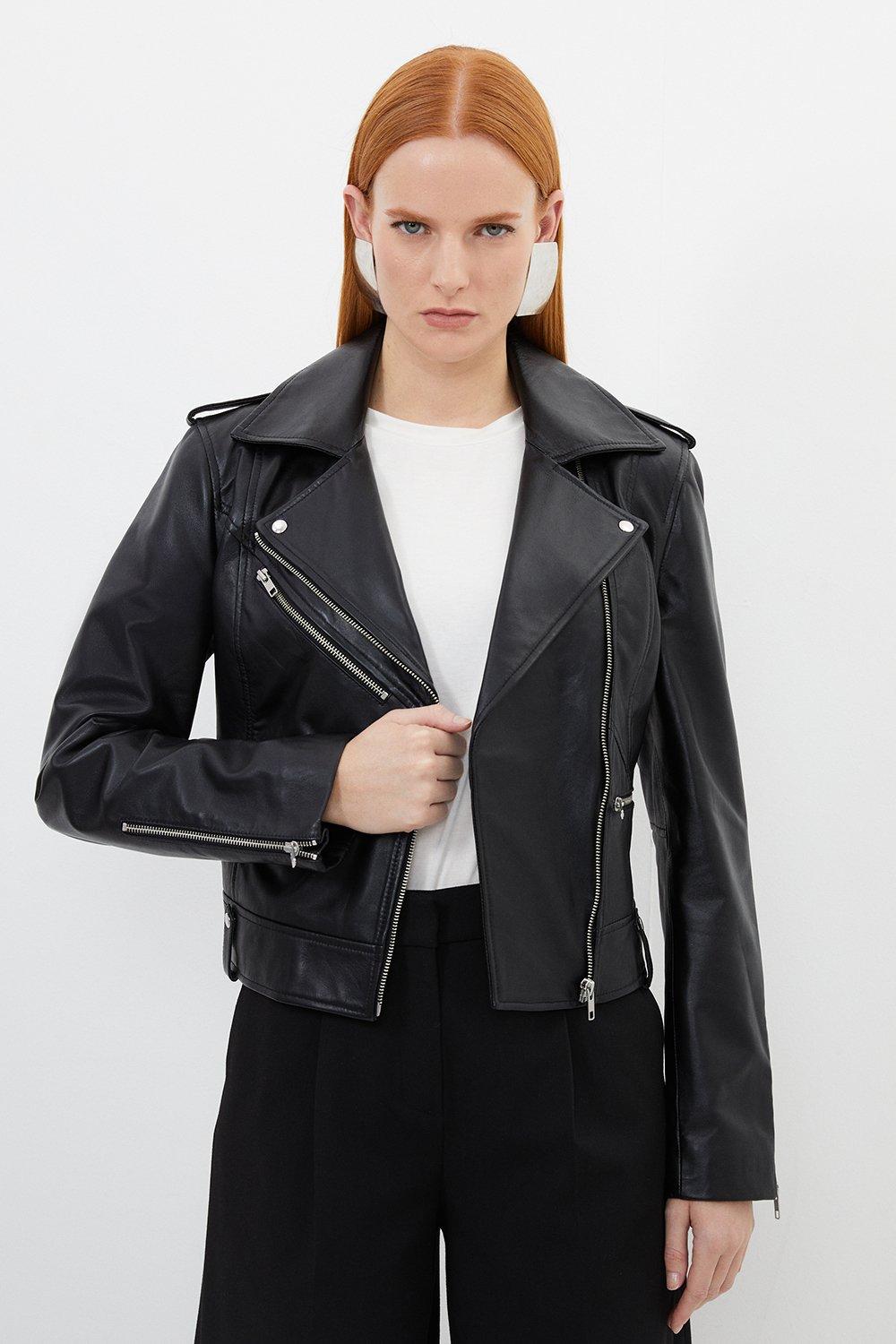 Кожаная байкерская куртка с молнией Karen Millen, черный женская байкерская куртка кожаная укороченная куртка приталенная черная кожаная куртка верхняя одежда из натуральной кожи