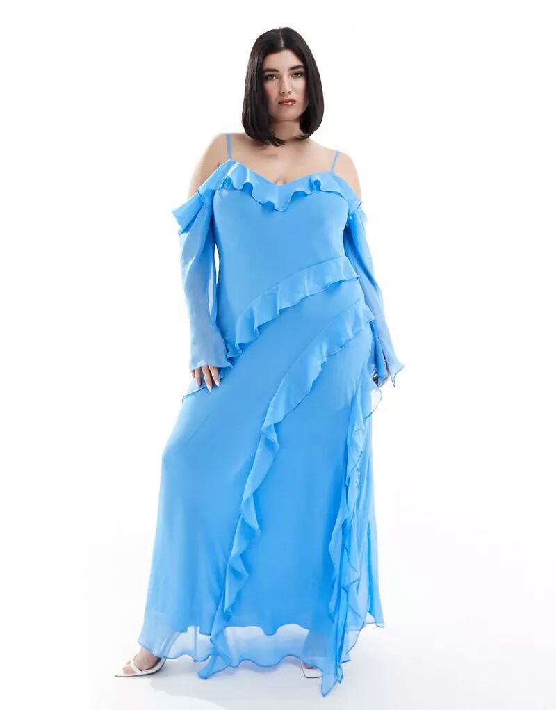 Синее платье макси с длинными рукавами и рюшами Forever New Curve