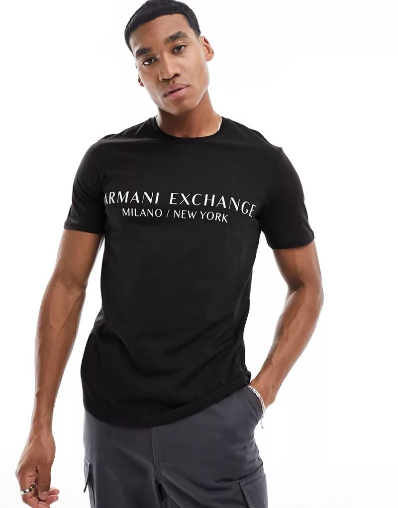 цена Черная футболка с линейным логотипом Armani Exchange