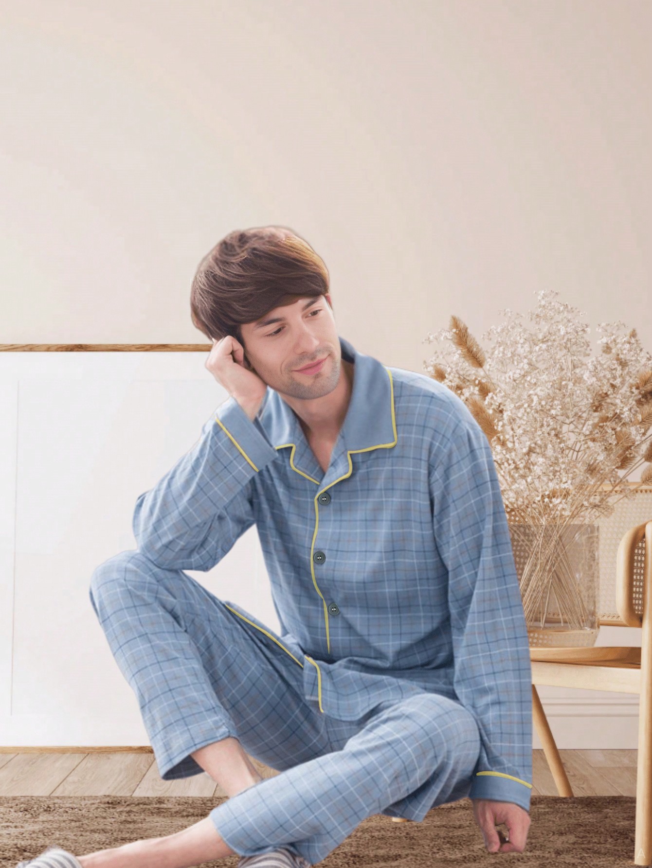 Мужской летний комплект домашней одежды в клетку с пуговицами спереди и брюками, многоцветный пижамный комплект мужской бархатный корейский пижамный комплект домашняя одежда одежда для сна осень зима