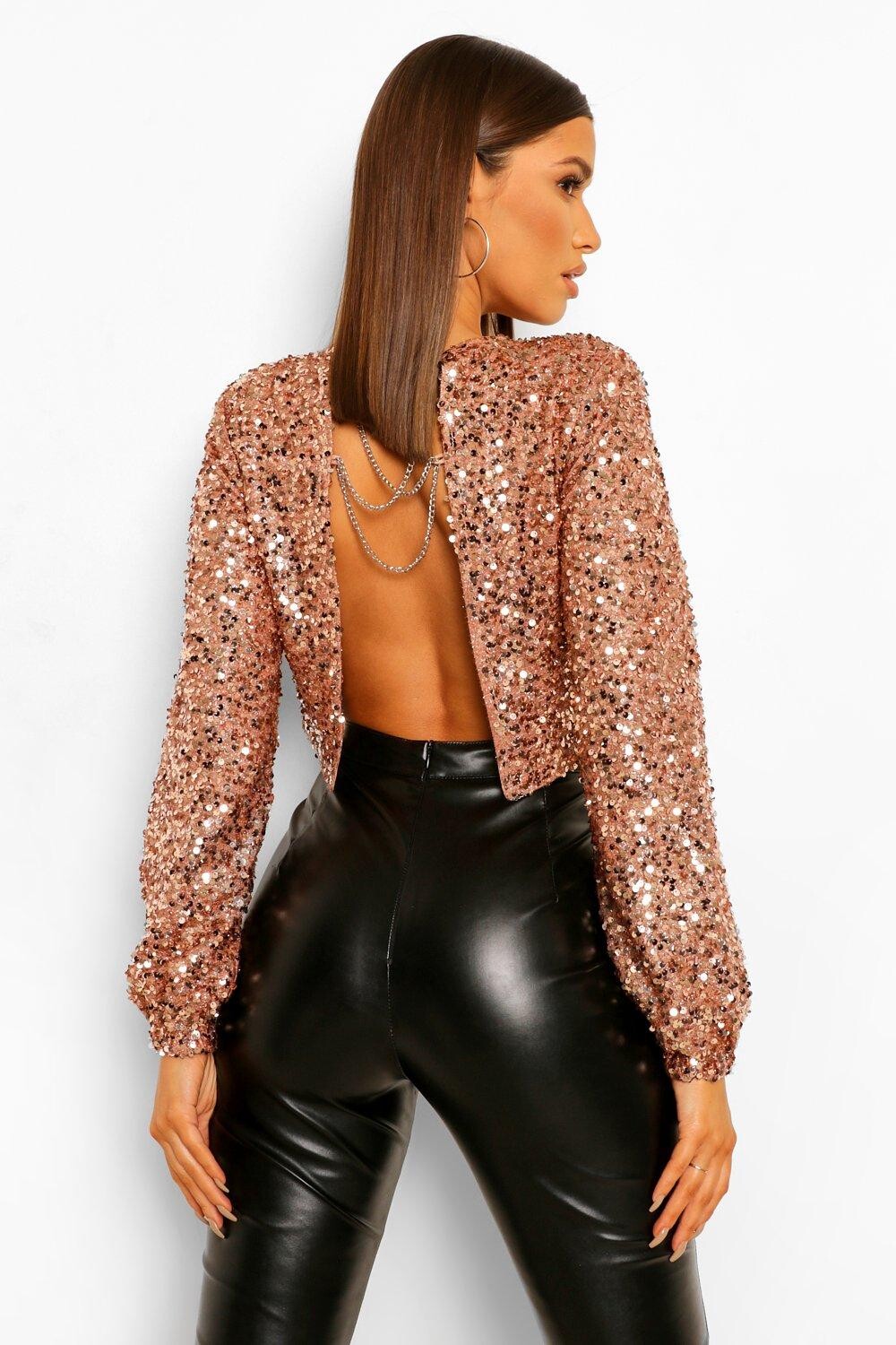 

Топ с длинными рукавами, цепочка с пайетками на спине Boohoo, золотой