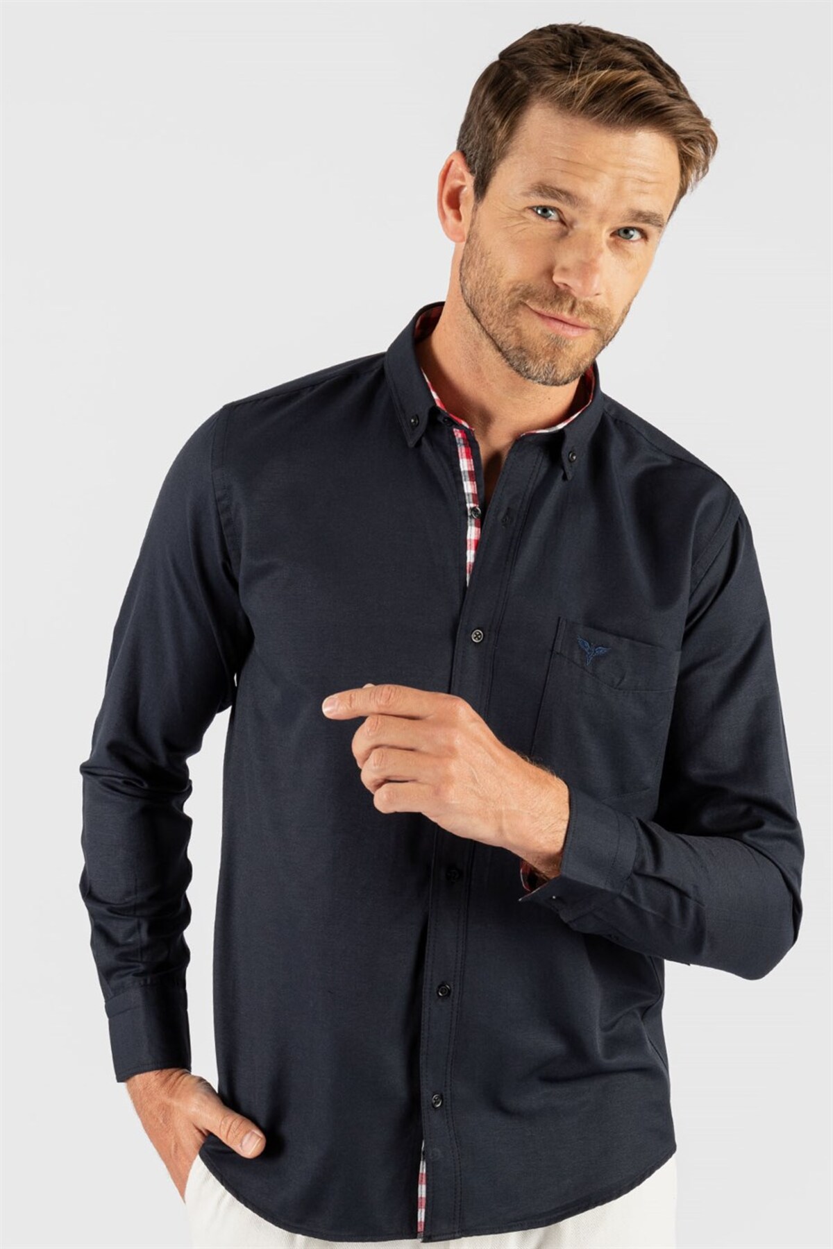 Классическая хлопковая оксфордская простая мужская рубашка с воротником на пуговицах, легкая глажка Tudors, темно-синий