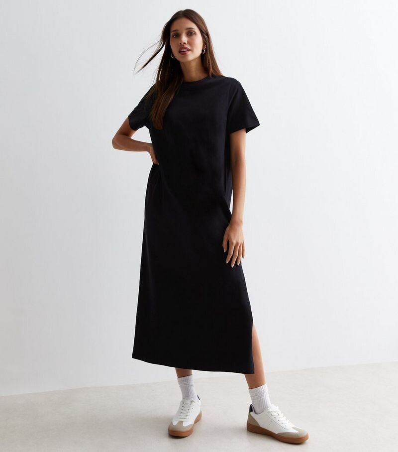 

Черное хлопковое платье-футболка миди с разрезом на подоле New Look, черный