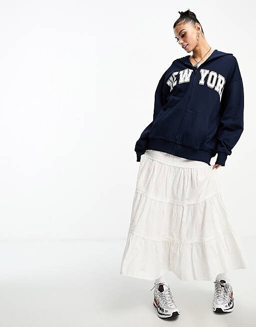 

Темно-синее худи на молнии с изображением Нью-Йорка ASOS DESIGN