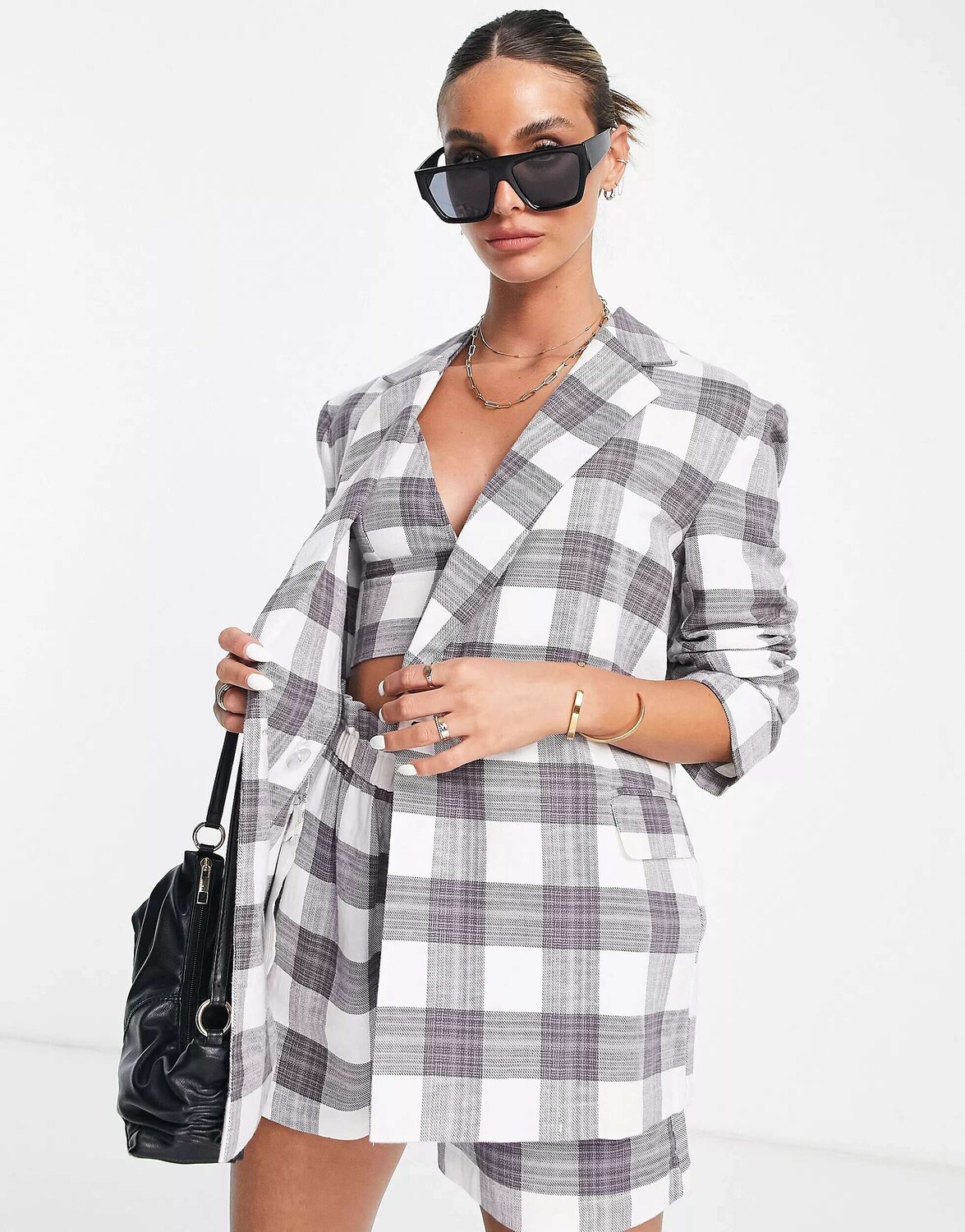 

Разноцветный льняной двубортный пиджак в клетку ASOS