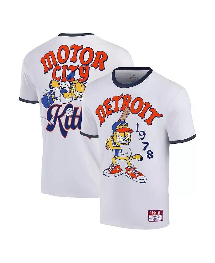 

Мужская белая футболка Garfield Detroit Baseball Ringer Ripple Junction, мультиколор