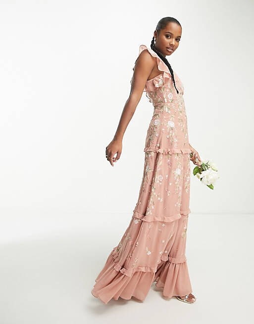 

Розовое платье макси на бретельках с вышивкой ASOS DESIGN Petite Bridesmaid