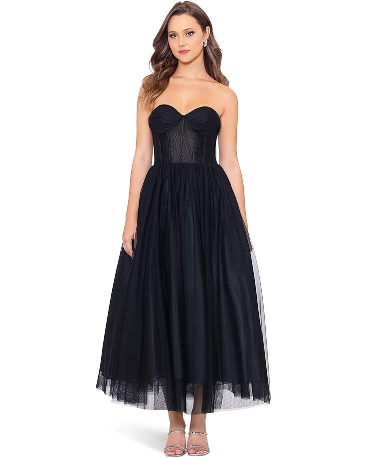 Платье Betsy & Adam Mid Length Mesh Skirt Lace Top Gown, черный