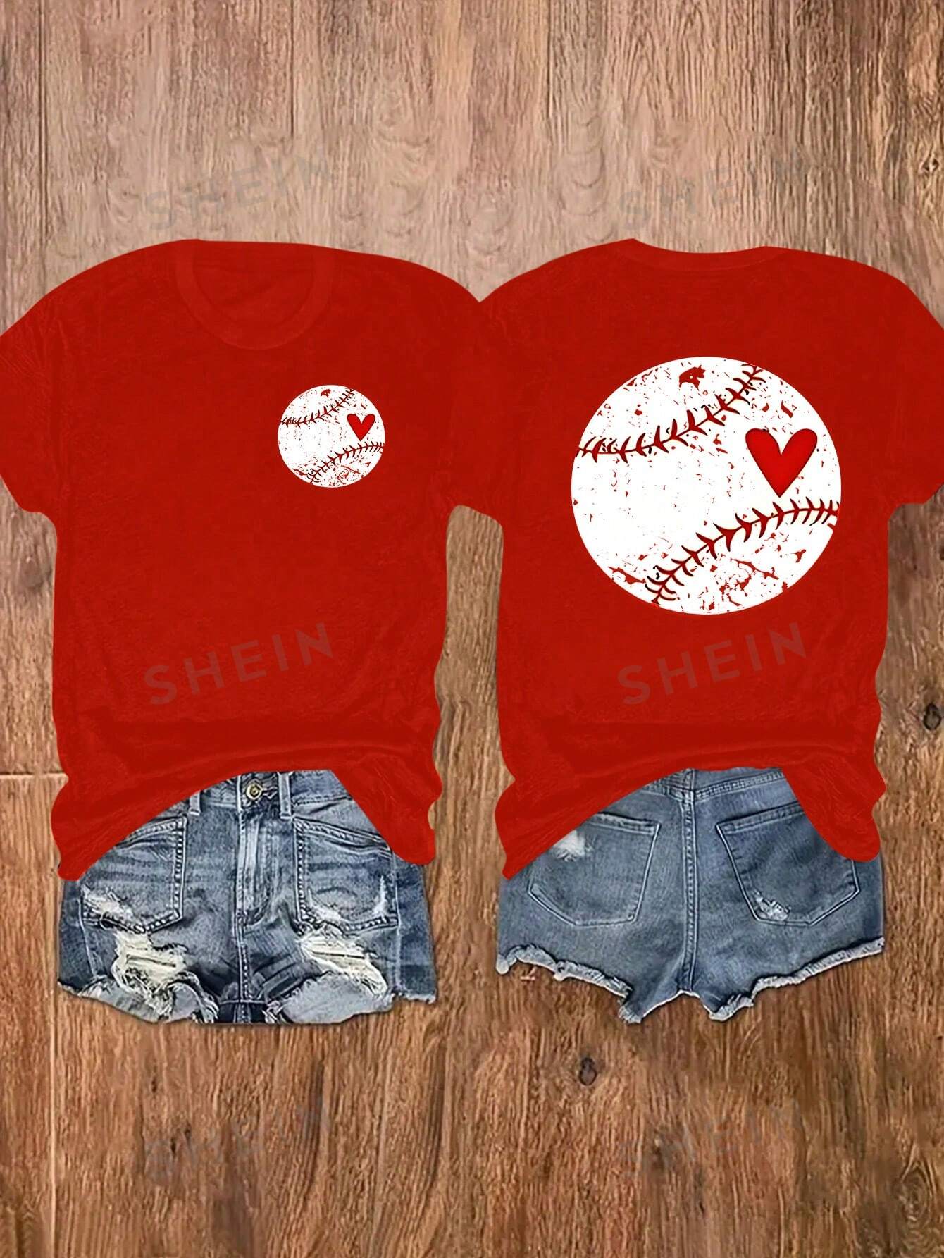 SHEIN Essnce Женская бейсбольная футболка с круглым вырезом и короткими рукавами с принтом сердца, красный