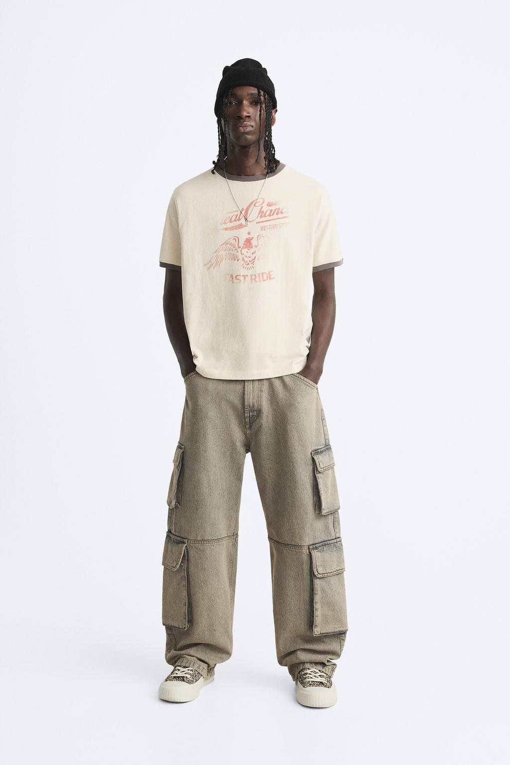 Футболка с винтажным эффектом принтом ZARA, середина бежево-бежевого цвета джинсовая юбка zara середина бежево бежевого цвета