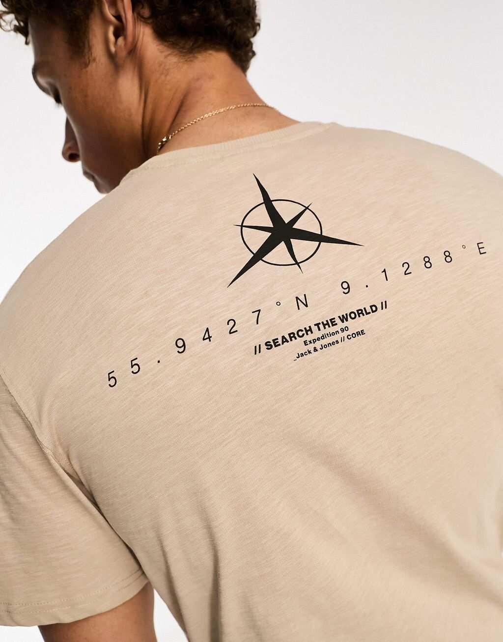 

Бежевая футболка оверсайз с навигационным принтом на спине Jack & Jones Core